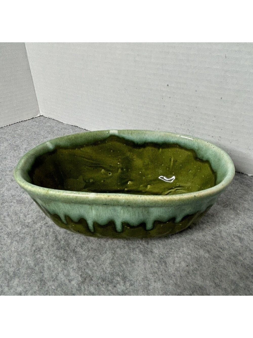 Vintage Green Drip Glaze Bowl 7.5x4.5"